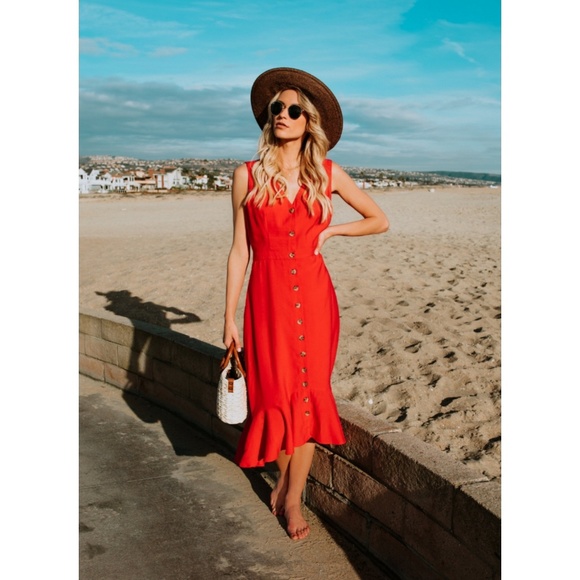 red button midi dress